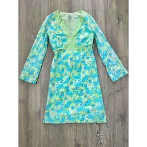VTG Lilly Pulitzer Cotton Dress Bead Embellished Tie Back Seashell Green Blue